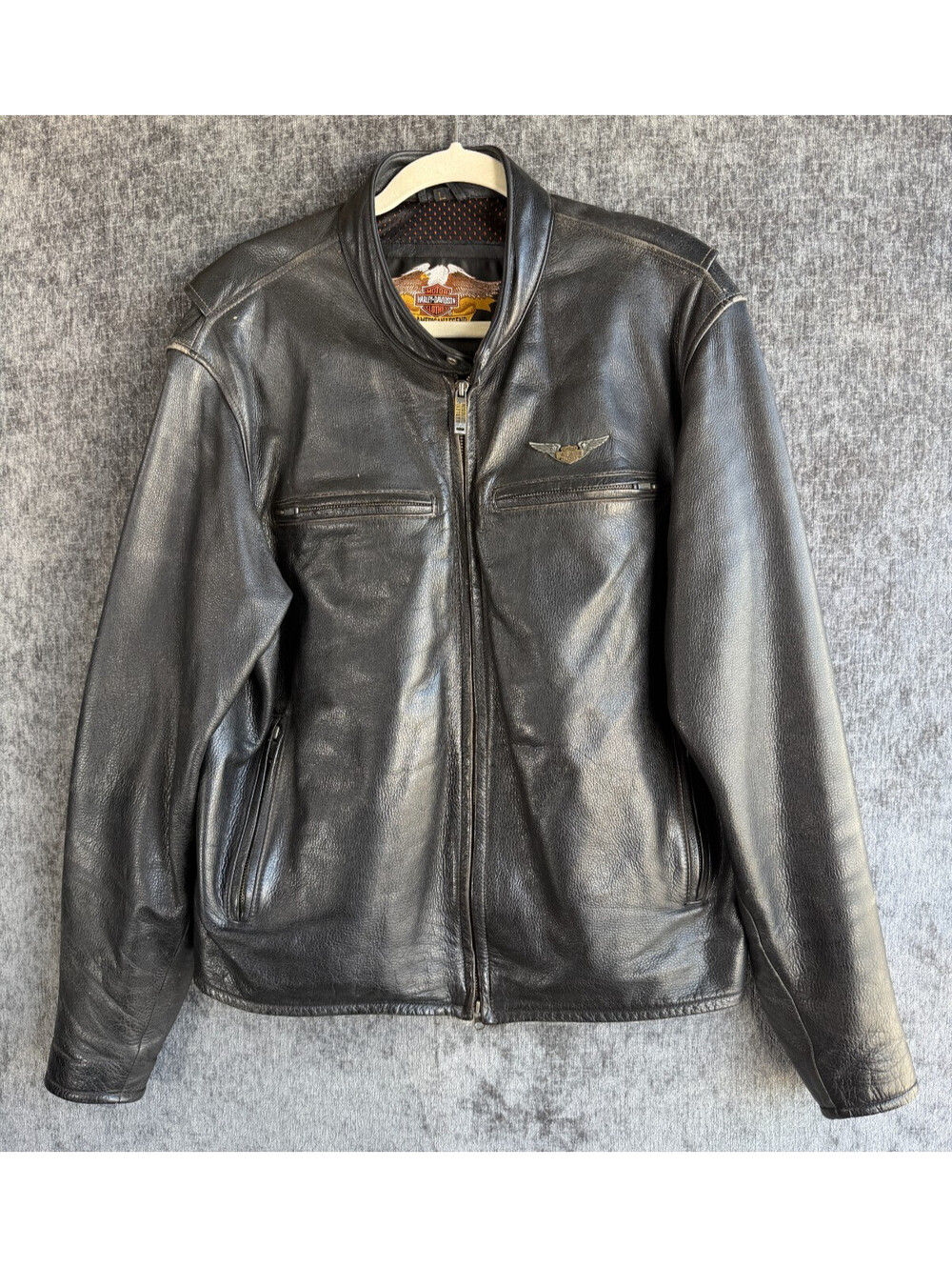 Harley Davidson Mens Leather Jacket Size Large Eagle Back Patch Biker